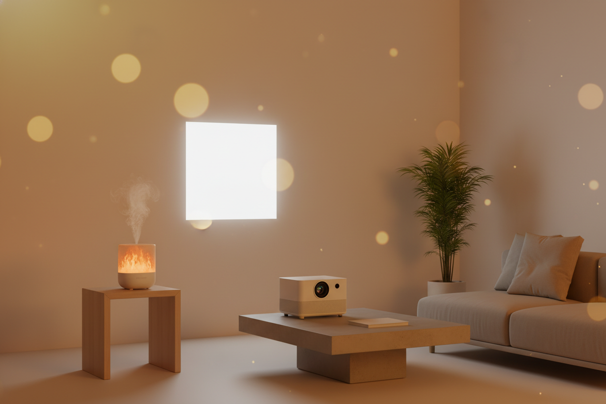 Minimalist modern interior, warm gradient background (amber to soft gold), subtle bokeh lights, mini projector projecting on a blank wall, flame glow humidifier glowing softly on a table, soft-focus background, cozy and inviting atmosphere, photorealistic style, high resolution, horizontal banner format
